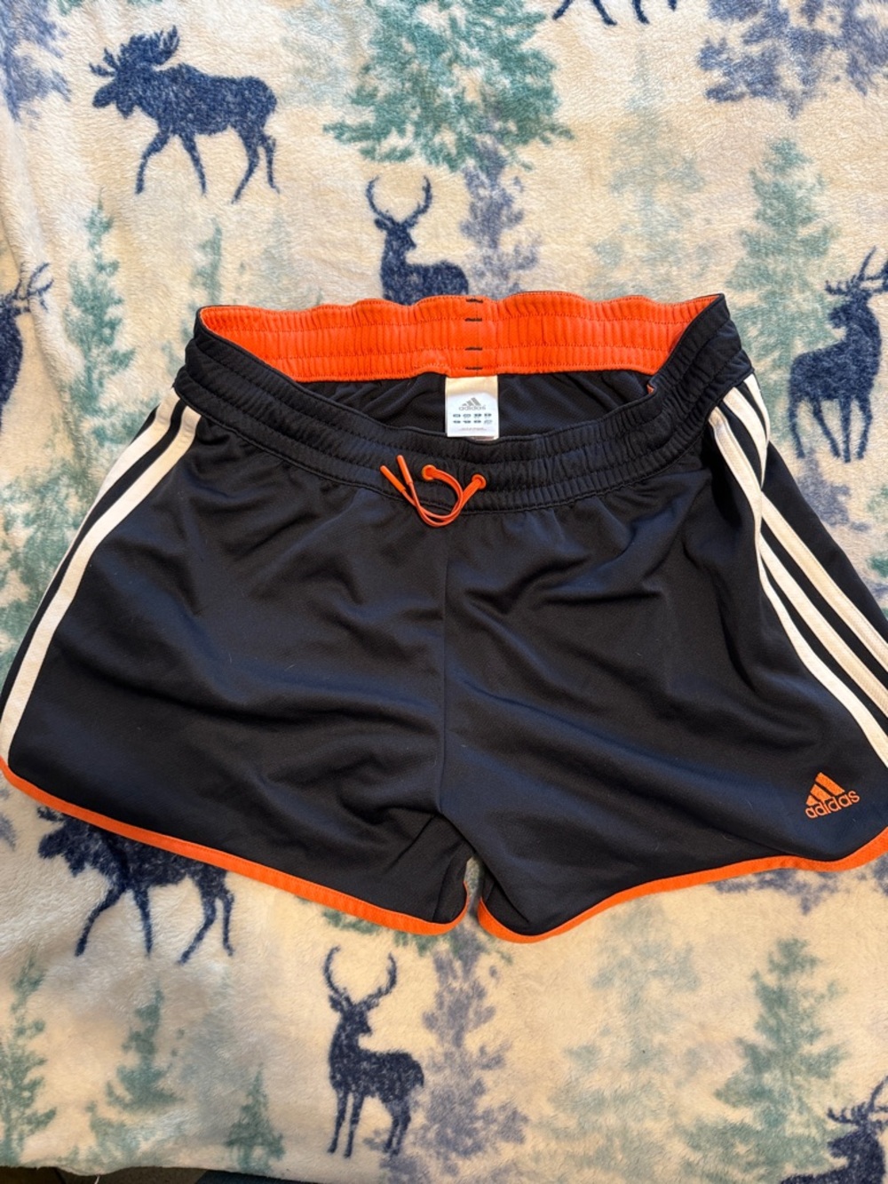 adidas Navy Athletic Shorts with Orange Trim and White Stripes
